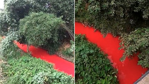 Река в Китае стала кроваво-красной (видео)