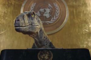 Говорящий динозавр выступил с речью об изменении климата с трибуны ООН