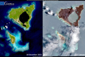 Поля пепла, кислотные дожди и разлив нефти: спутниковые снимки последствий извержения подводного вулкана в Тихом океане